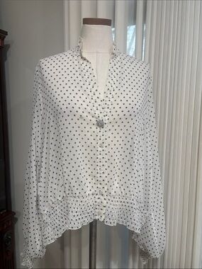 NWT White Polka Dot smocked Button-Front semi sheer Blouse whimsical high low L